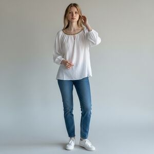 JM Collection 2X White Gauze Blouse Gold Trim Peasant Top Boho Plus Size NWT